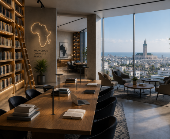 Modern library with coastal city view Modern library with coastal city view